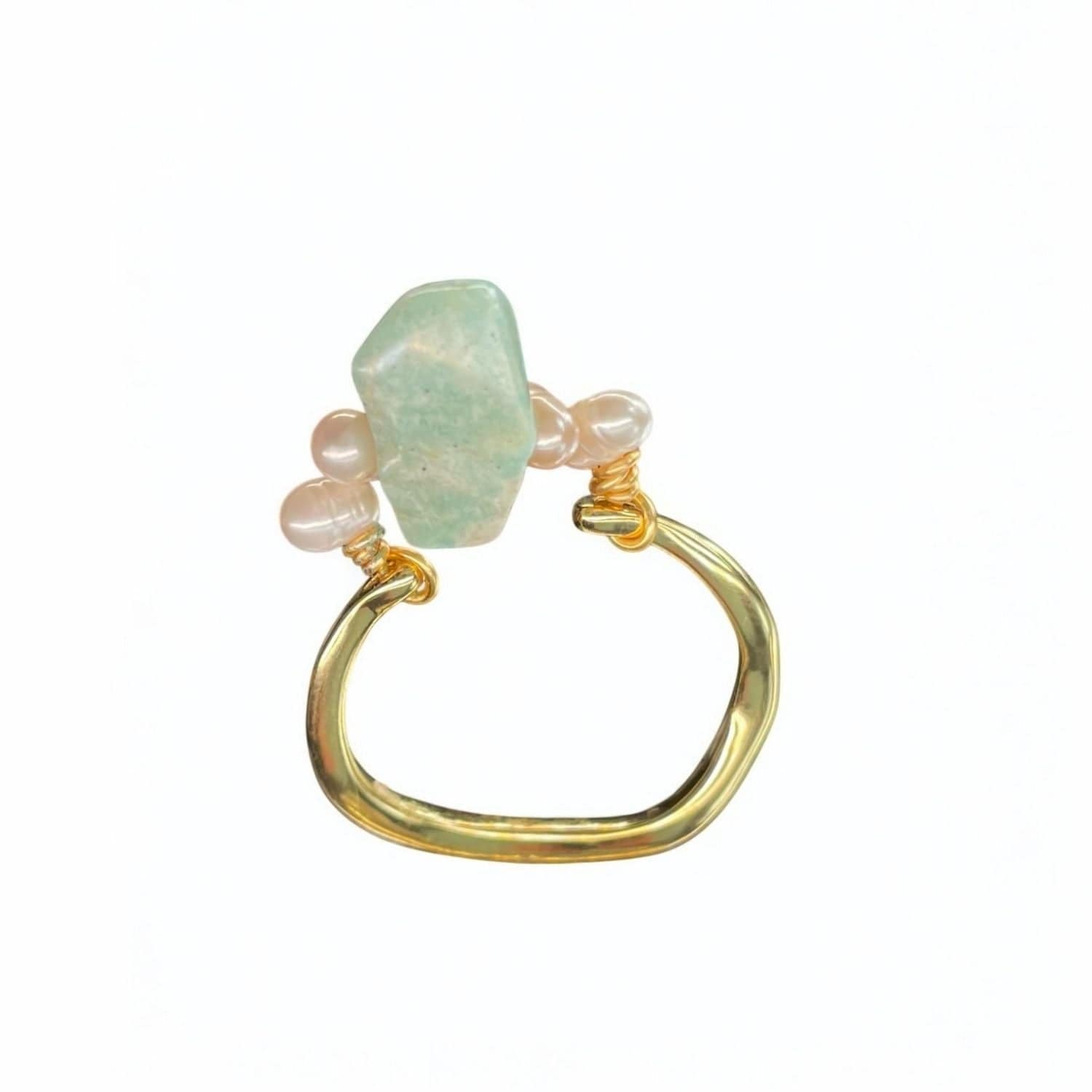 Amazonite & Akoya Pearl Cocktail Ring – Handmade in Gold-Plated Stainless Steel