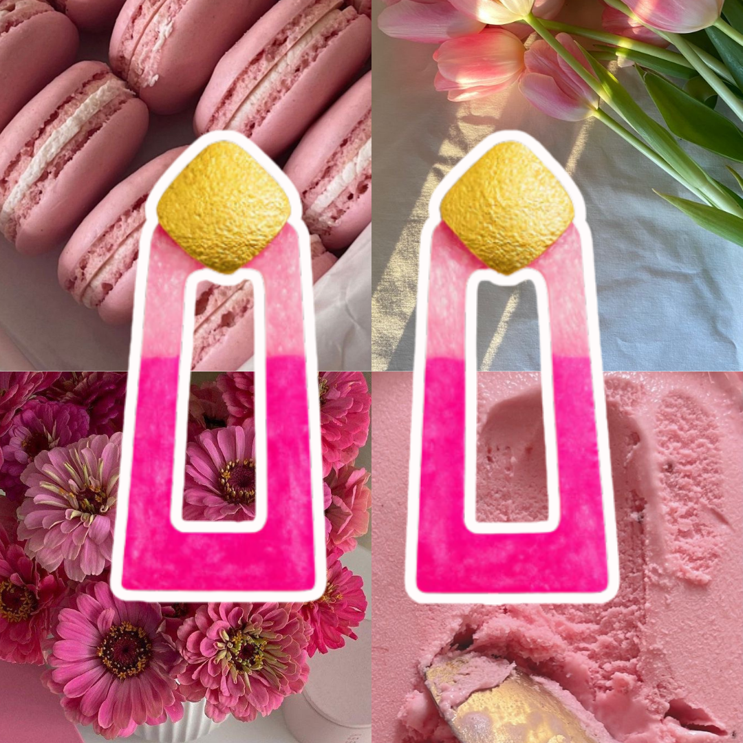 Collage of pink macarons, flowers, and a pink ice cream with gold top, set against a pink background.