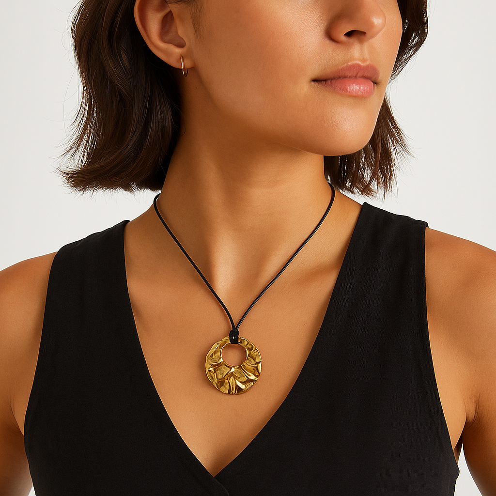 Adjustable Black Cord Necklace with Gold Textured Circle Pendant