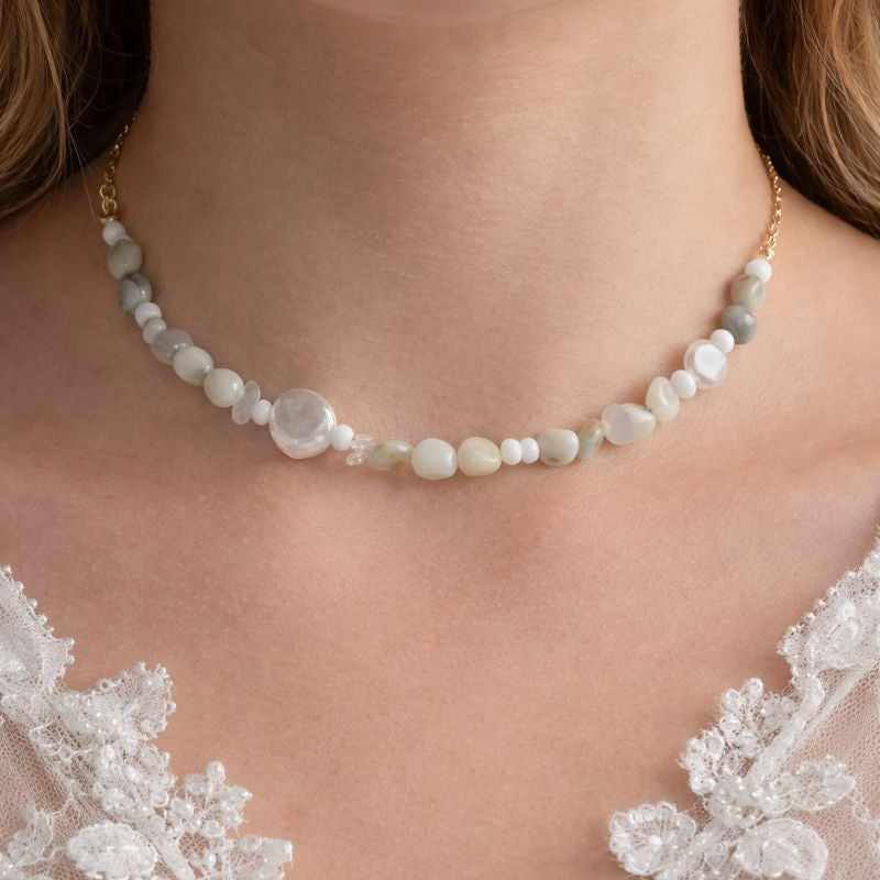handmade beaded necklace for bridal, white and pearls 