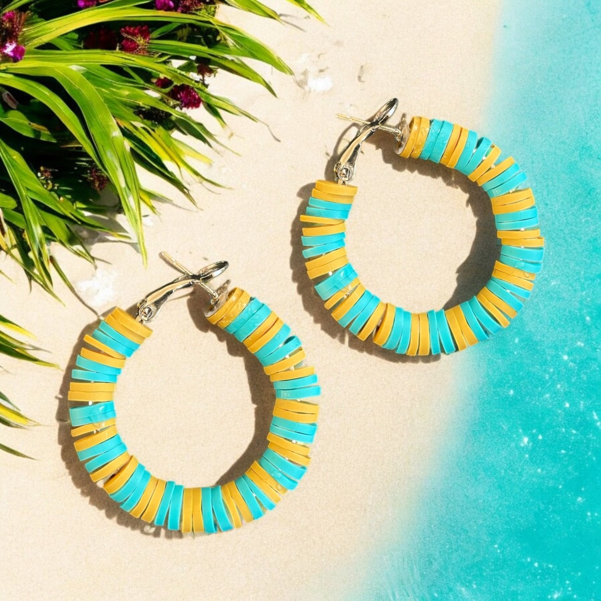 Colourful Pastel Hoops - 22mm Metal Earrings in Turquoise and Sand - lucy andy jewellery