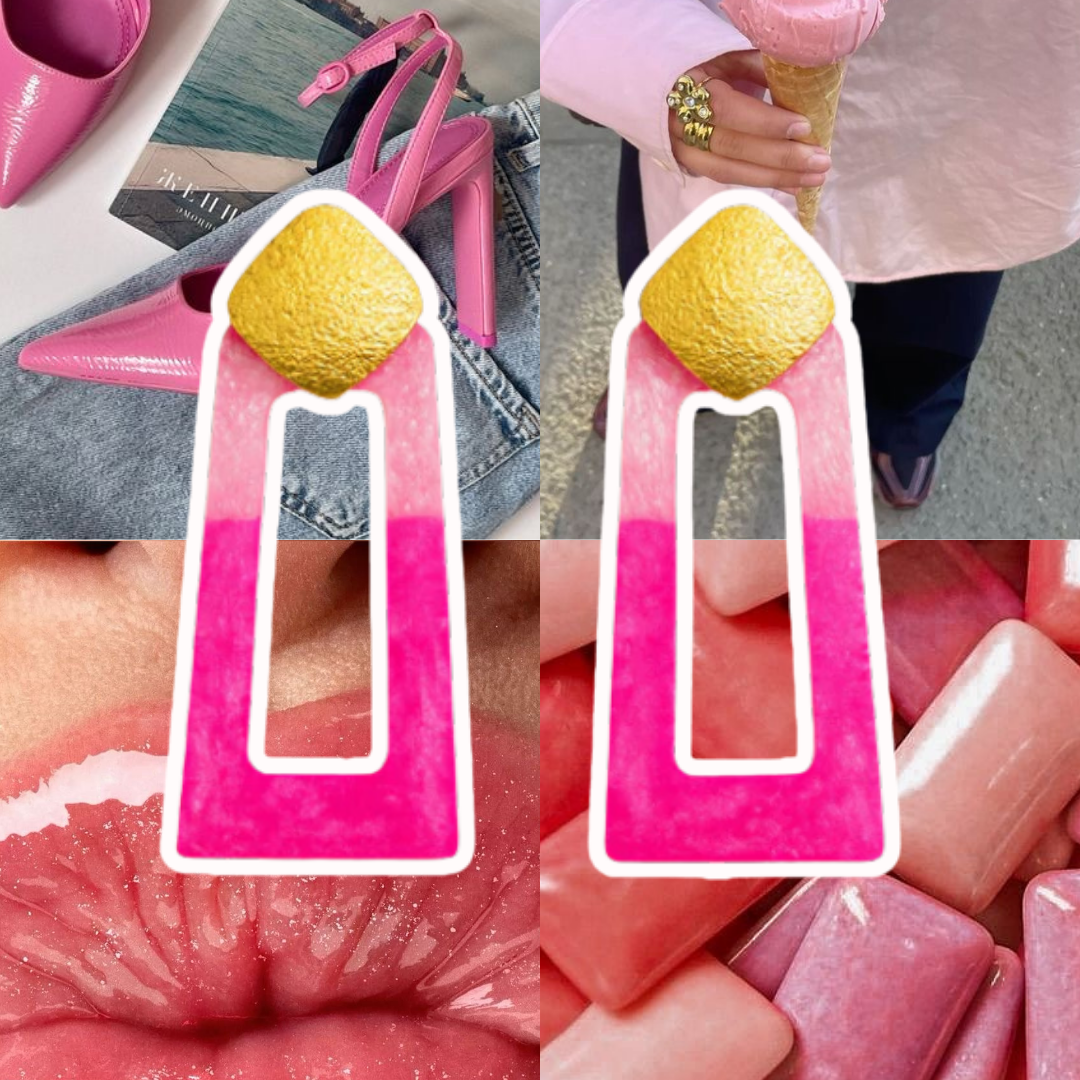 Collage of pink-themed images including shoes, ice cream, magazine, and candy.
