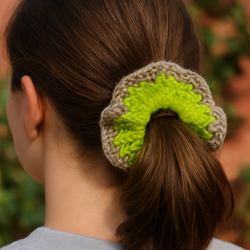Person with a green and brown scrunchie in their hair against a blurred natural background