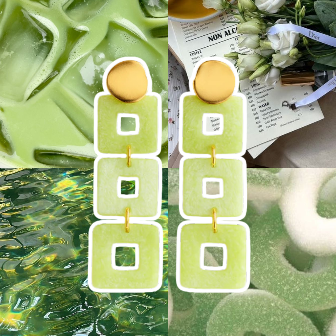 Collage of green ice cube trays, a cup of green tea, flowers, and green foam.