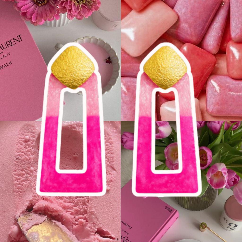 Collage of pink-themed products including flowers, candies, and ice cream.
