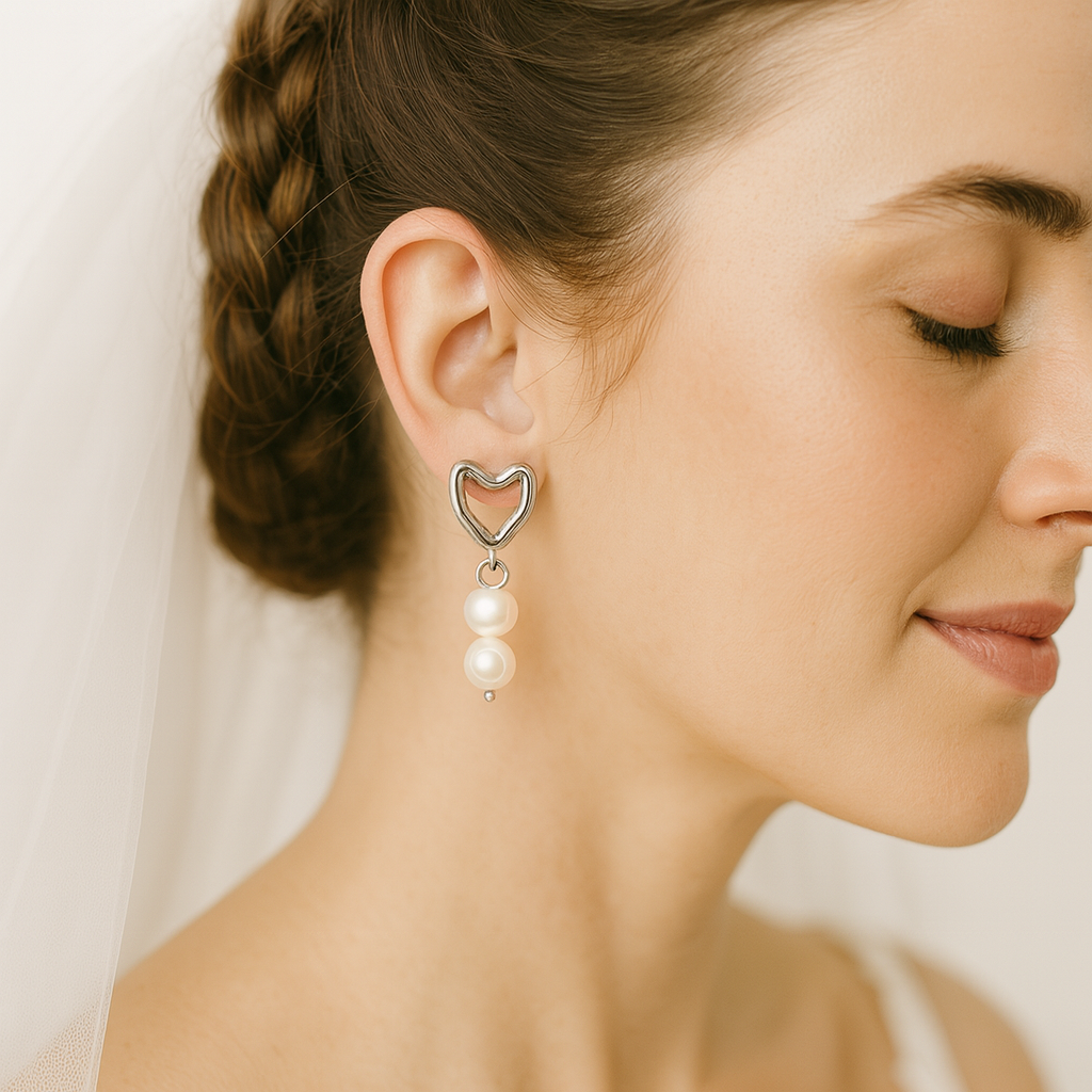 Heart-shaped earring with pearl drop worn by a woman with braided hair.