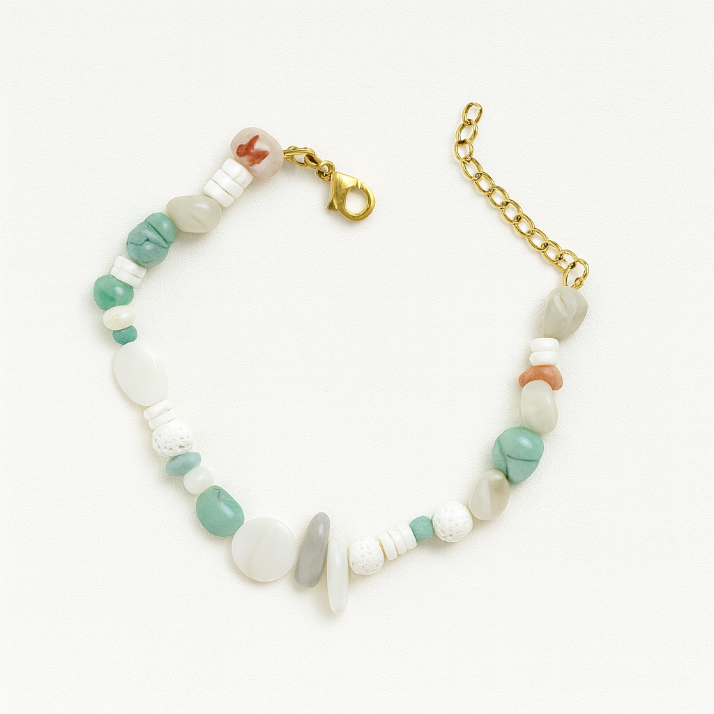 Amazonite, Seashell & White Quartz Gold Bracelet
