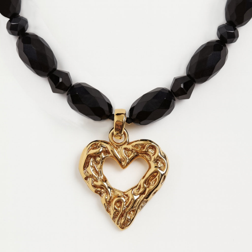 Mamba Black Obsidian Necklace with Gold Heart Pendant