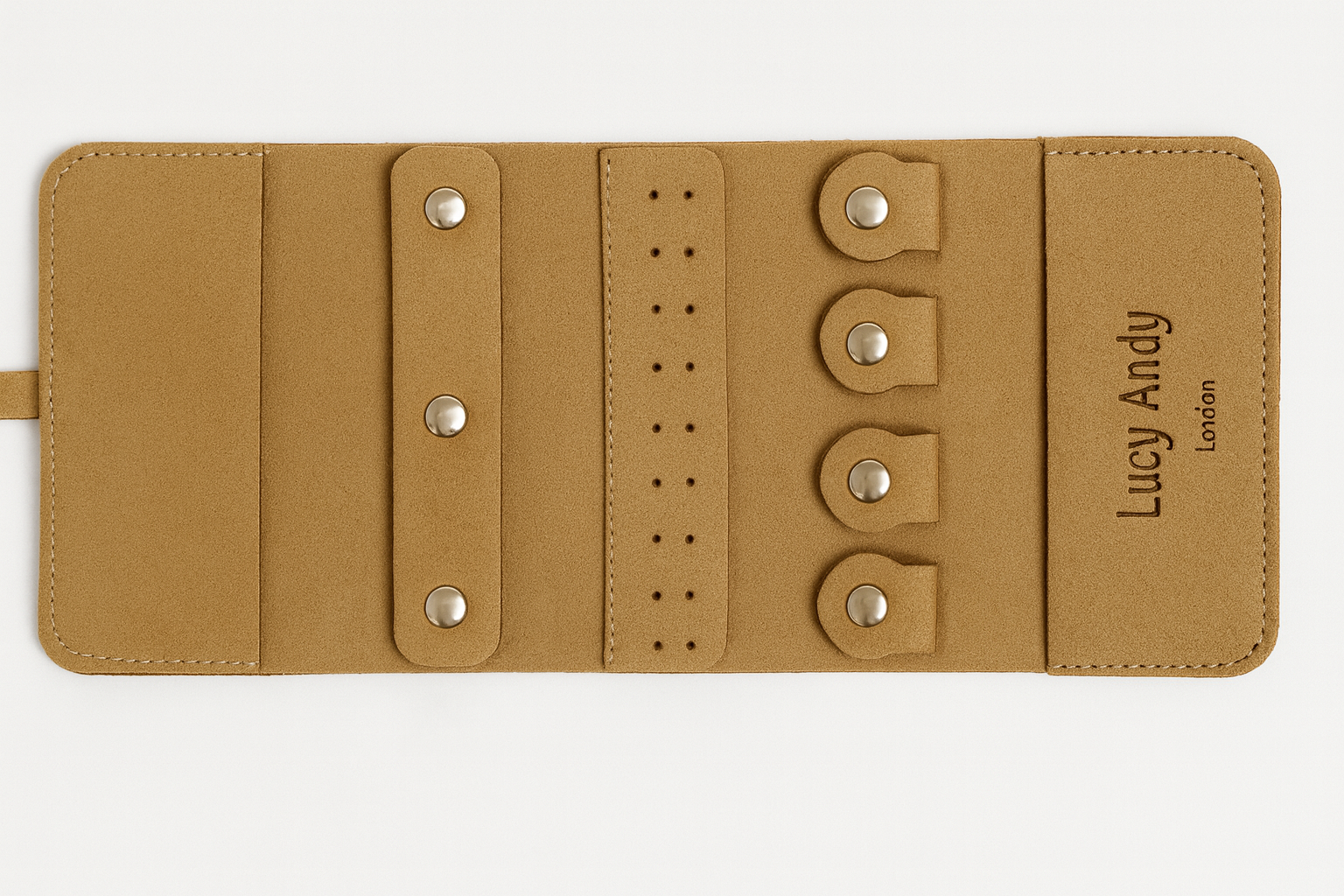 Brown leather wallet with button details and 'Lucy Andy' branding on a white background