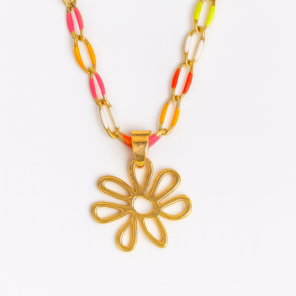 multicolor chain necklace with a gold flower pendant on a white background