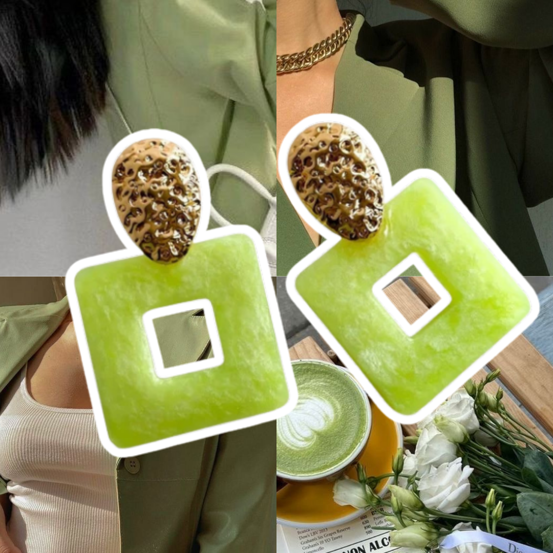 Collage of a person wearing earrings with a close-up of the earrings, a cup of tea, and flowers.