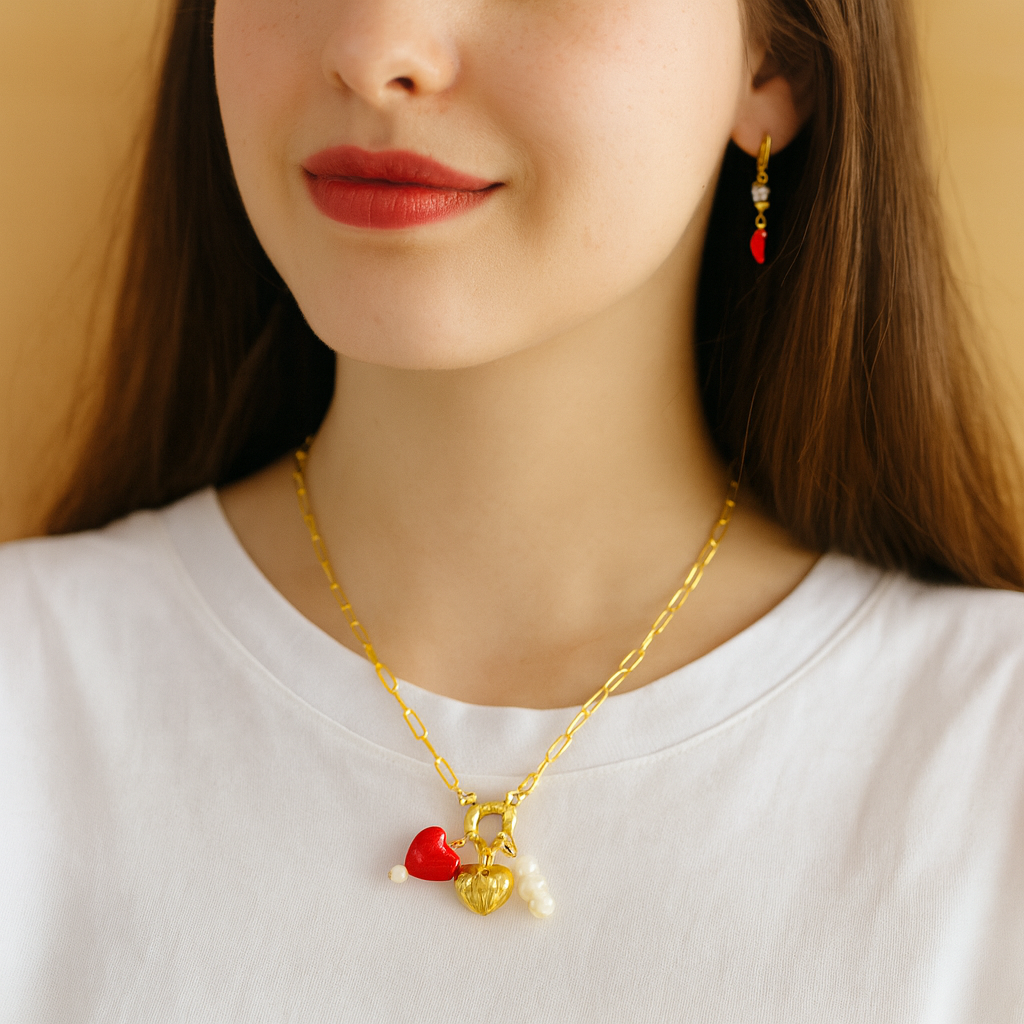 Locked with Love Necklace – Heart Lock, Red Charm & Pearls