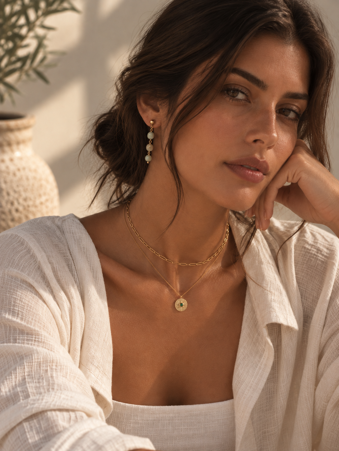 A woman wearing layered gold necklaces and matching drop earrings, styled with a white linen shirt in warm, natural light.