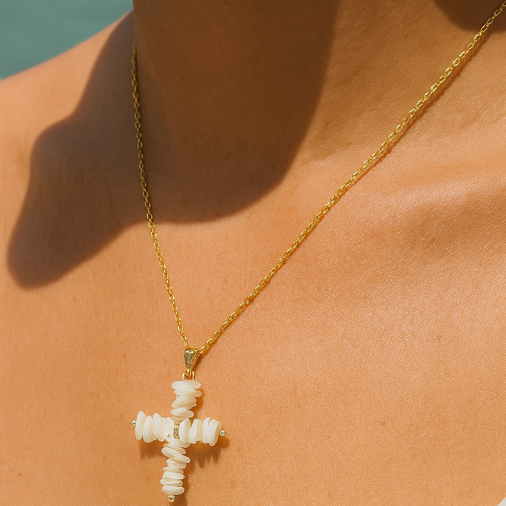 Costa- Mar Shell Cross – Handmade Statement Necklace in 18k Gold