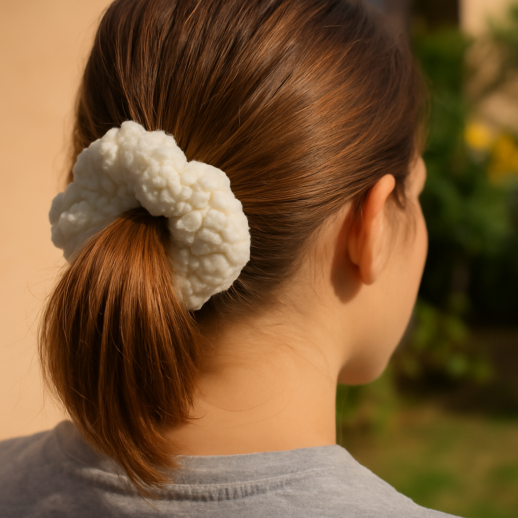 Person with a white textured scrunchie in their brown hair against a blurred natural background