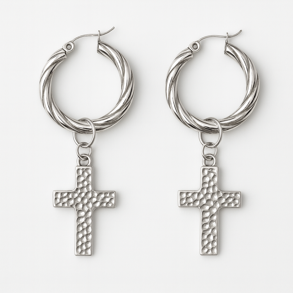 Bari Silver Hoop Earrings with Cross Charm