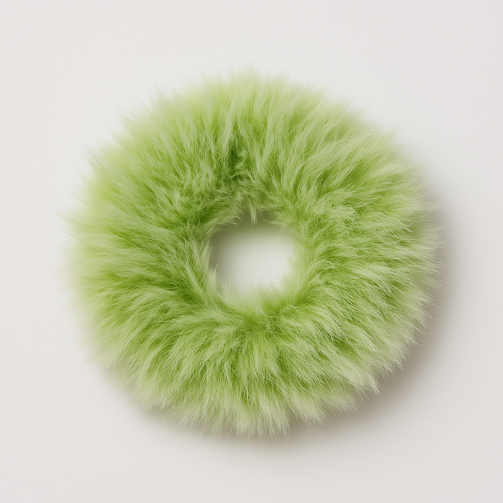 Green fluffy scrunchie on a light gray background