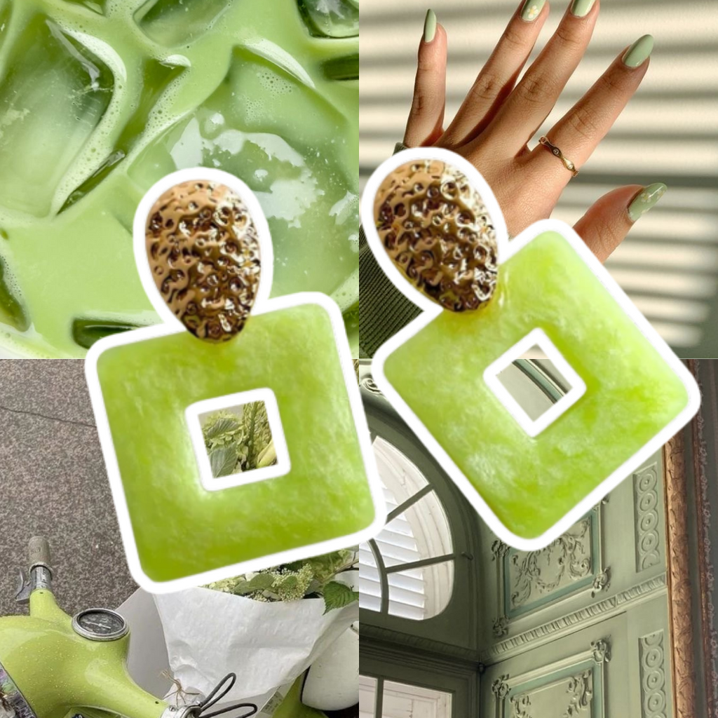 Green ice cream mold with a close-up of a hand holding it, surrounded by various images.