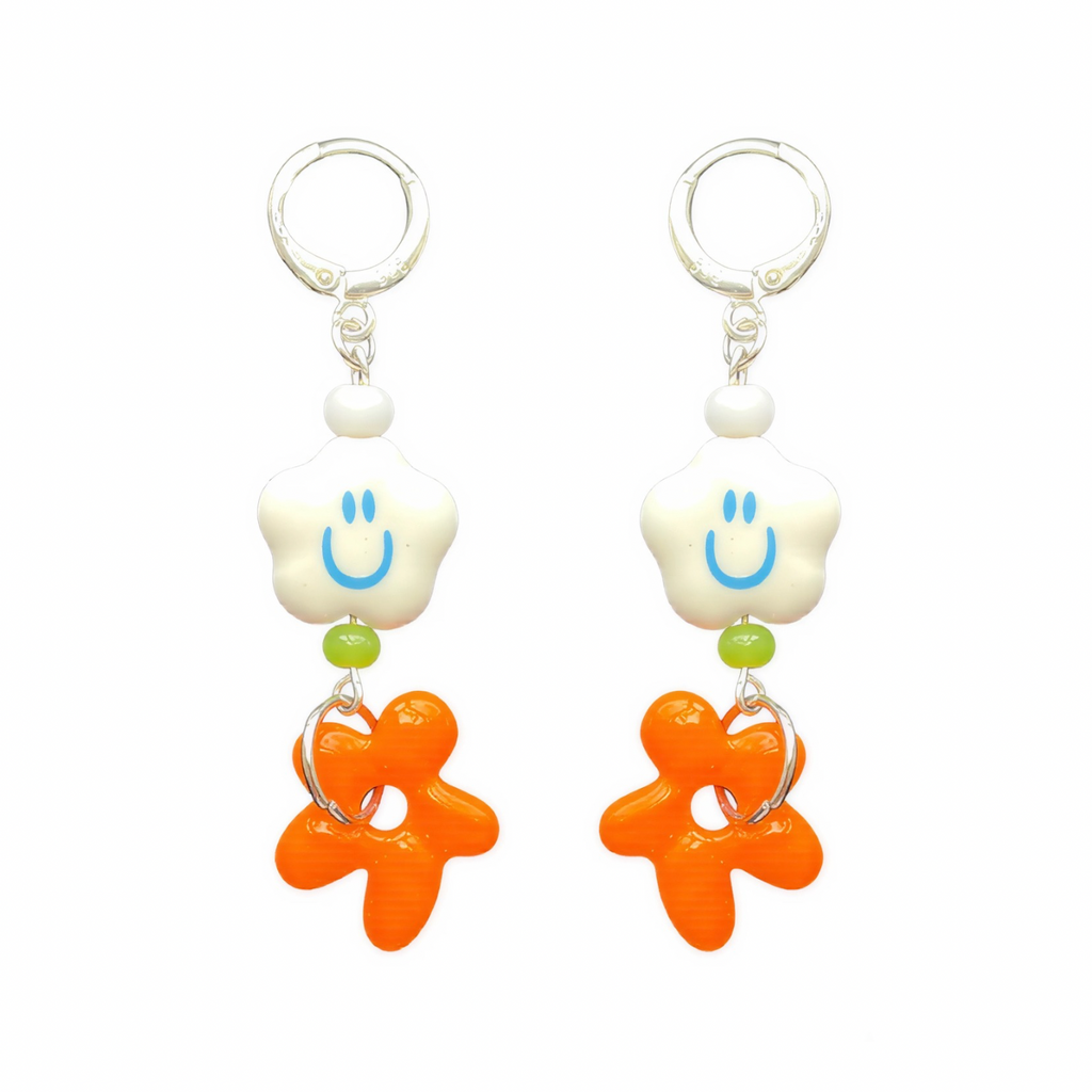 Happy Flower Huggies – Sterling Silver Earrings with Acrylic Smiley & Orange Flower Charms