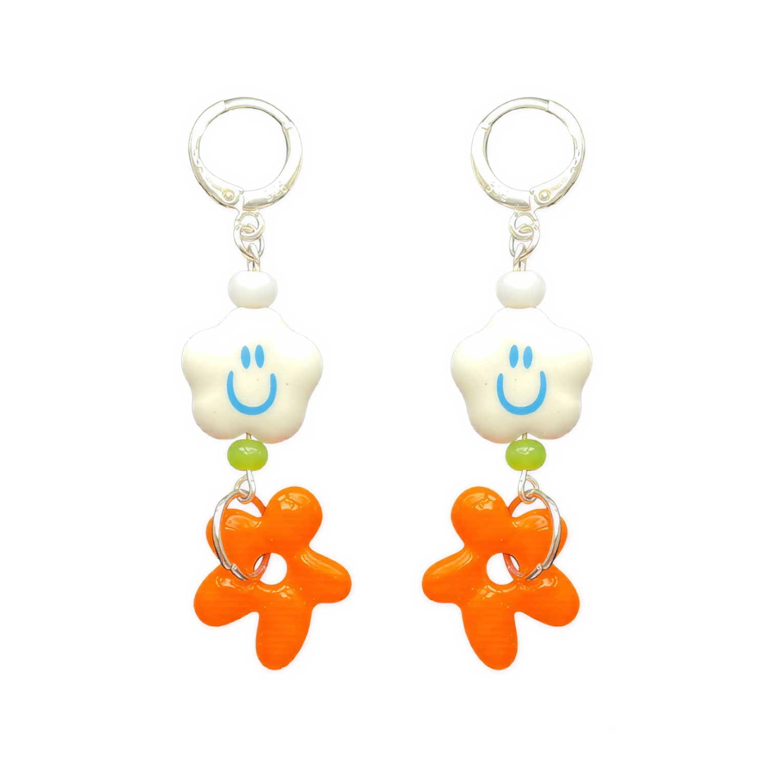 Happy Flower Huggies – Sterling Silver Earrings with Acrylic Smiley & Orange Flower Charms