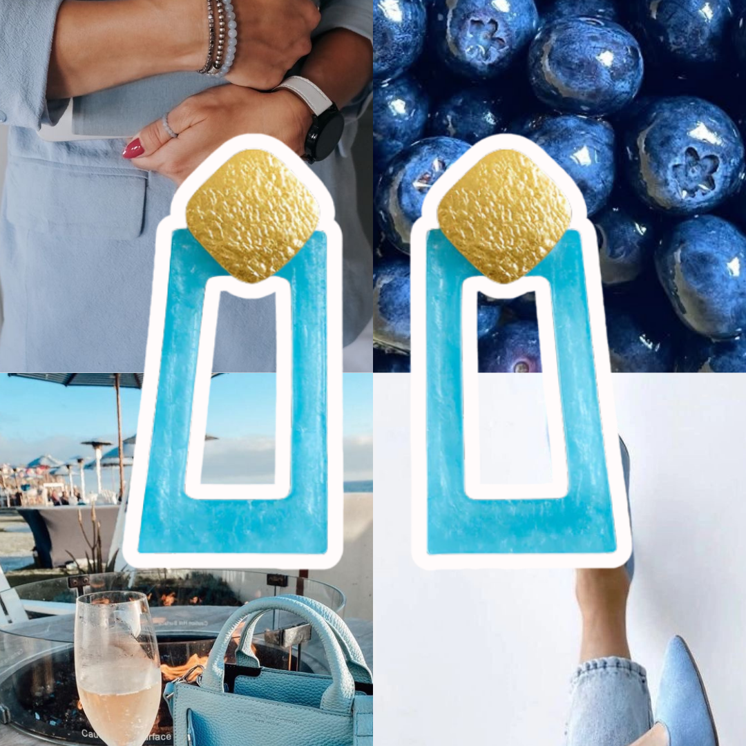 Collage of a person holding a phone, blueberries, a handbag, and high heels.