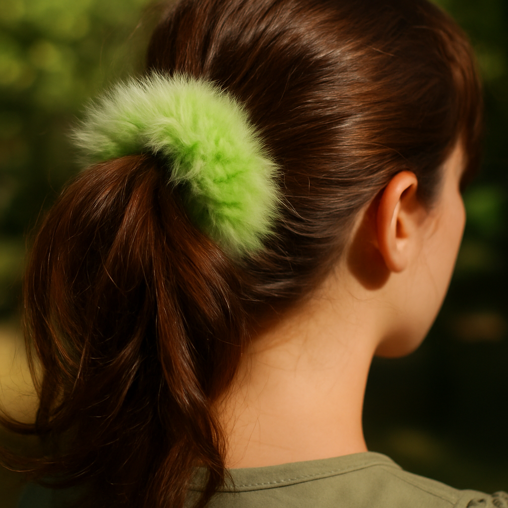 Person with a green fluffy hair tie in their brown hair against a blurred natural background