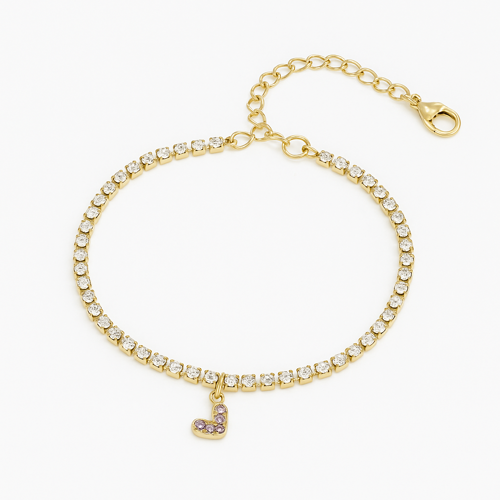 Gold Tennis Bracelet with Heart Charm