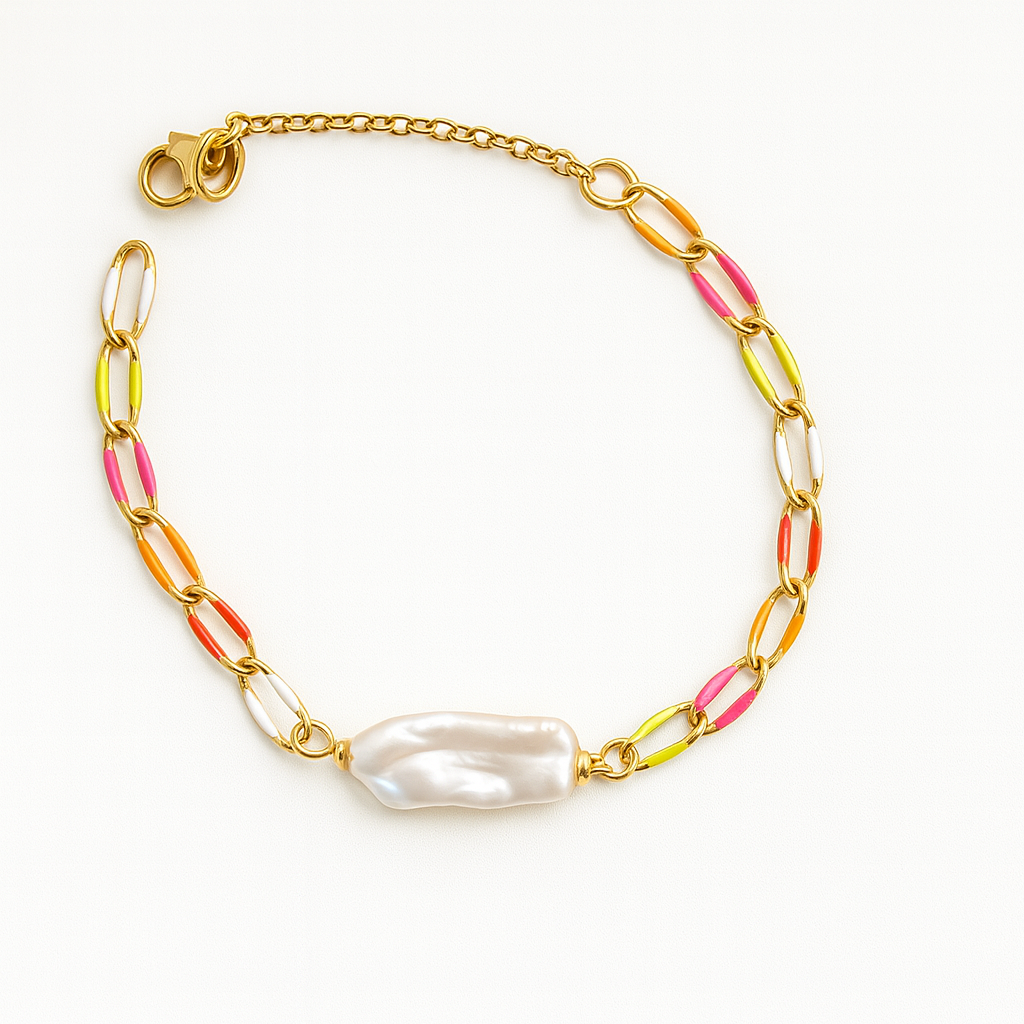 Freshwater Pearl & Multicolour Chain Bracelet – 18k Gold