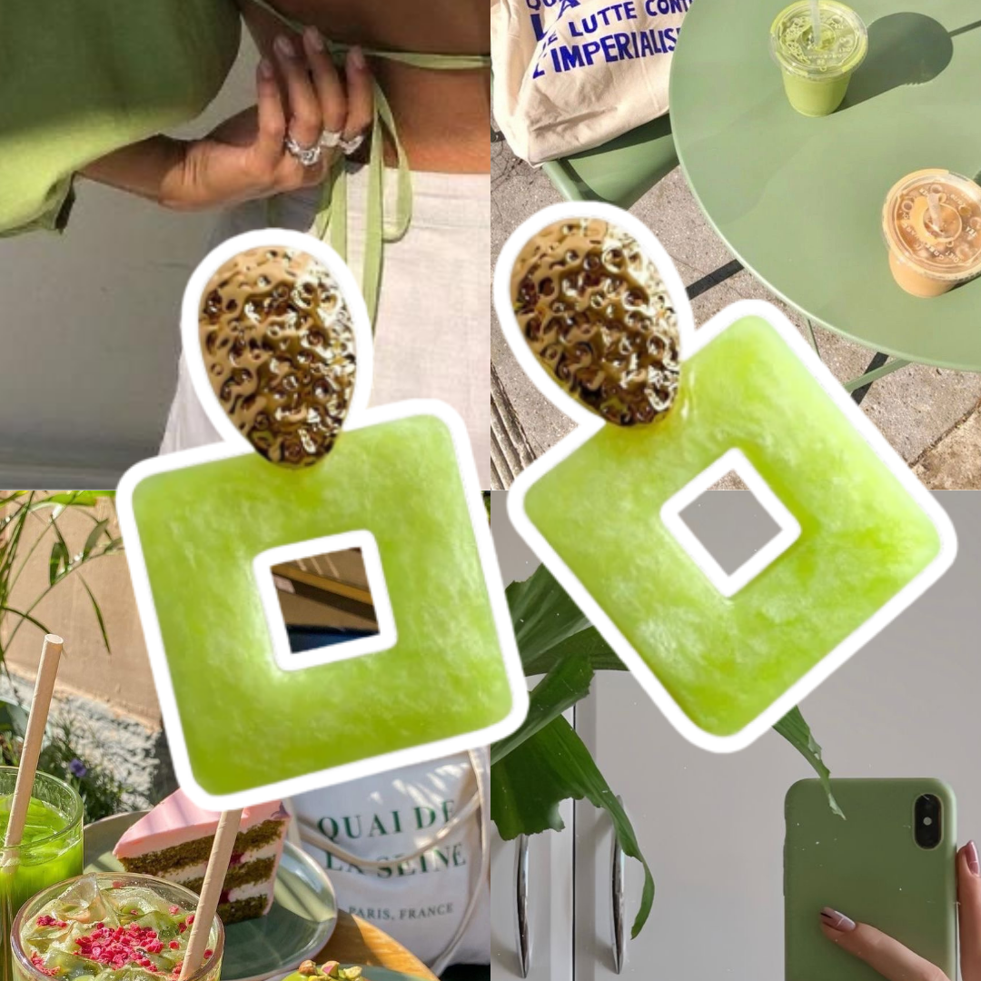 Collage of a person holding a green phone, a table with drinks and snacks, and a close-up of a green drink.