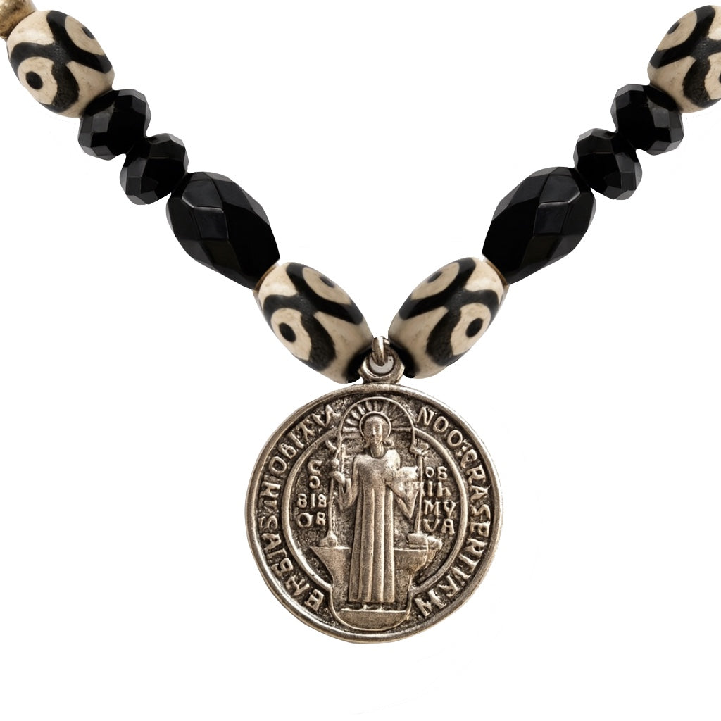 Obsidian & Dzi Beaded Necklace with Roman Coin Pendant