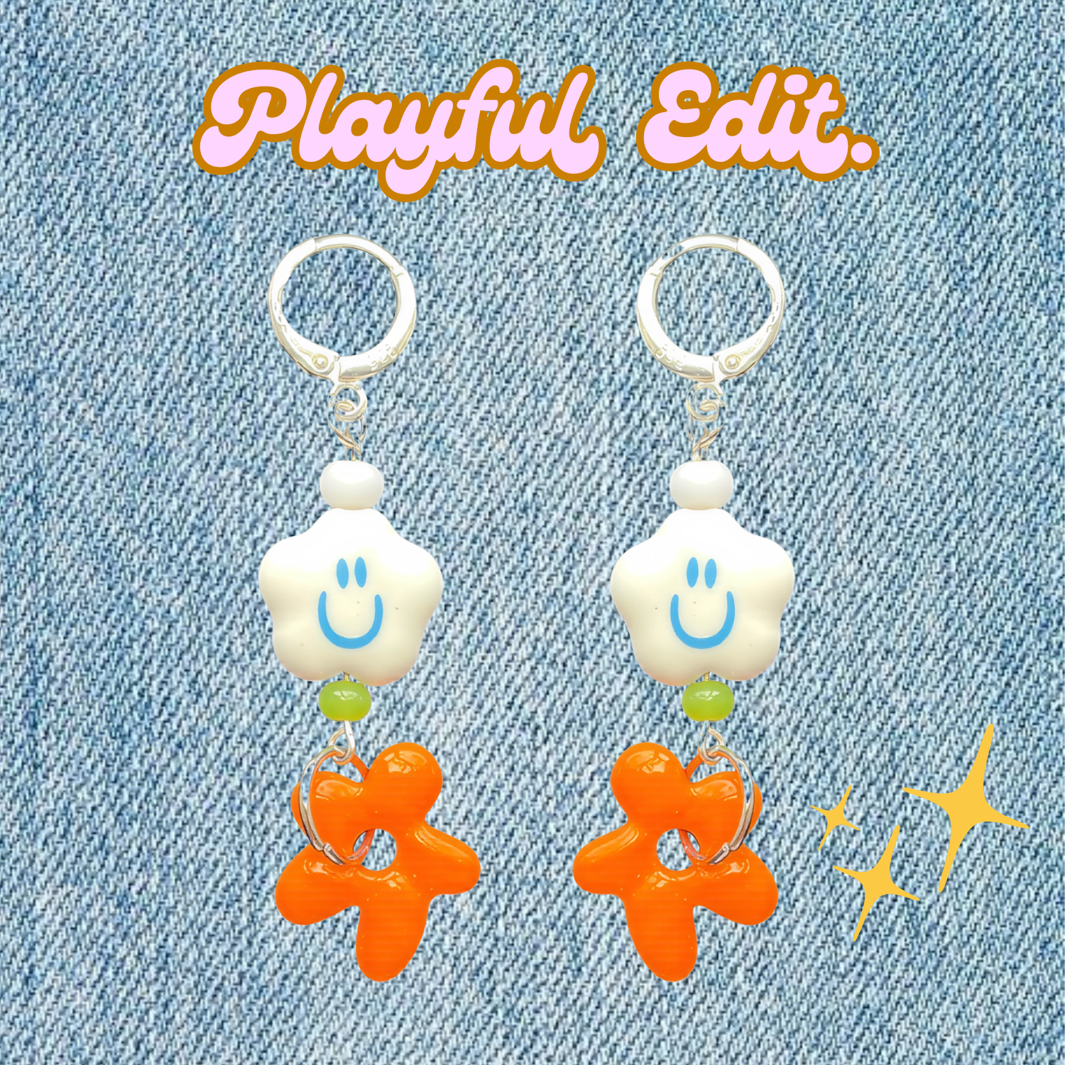 Happy Flower Huggies – Sterling Silver Earrings with Acrylic Smiley & Orange Flower Charms