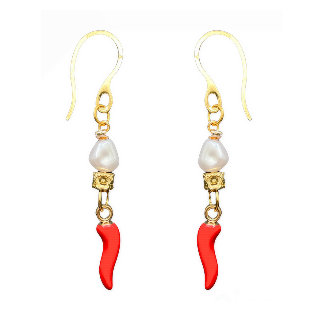 Amalfi Spice Earrings – Pearl, Floral Beads & Acrylic Chilli Charm