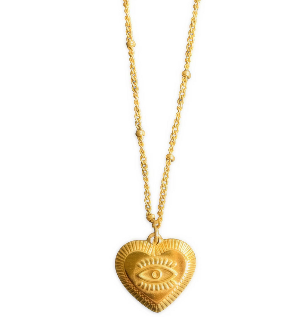 The Heart Sees – 18K Gold Necklace with Embossed Heart & Eye Pendant