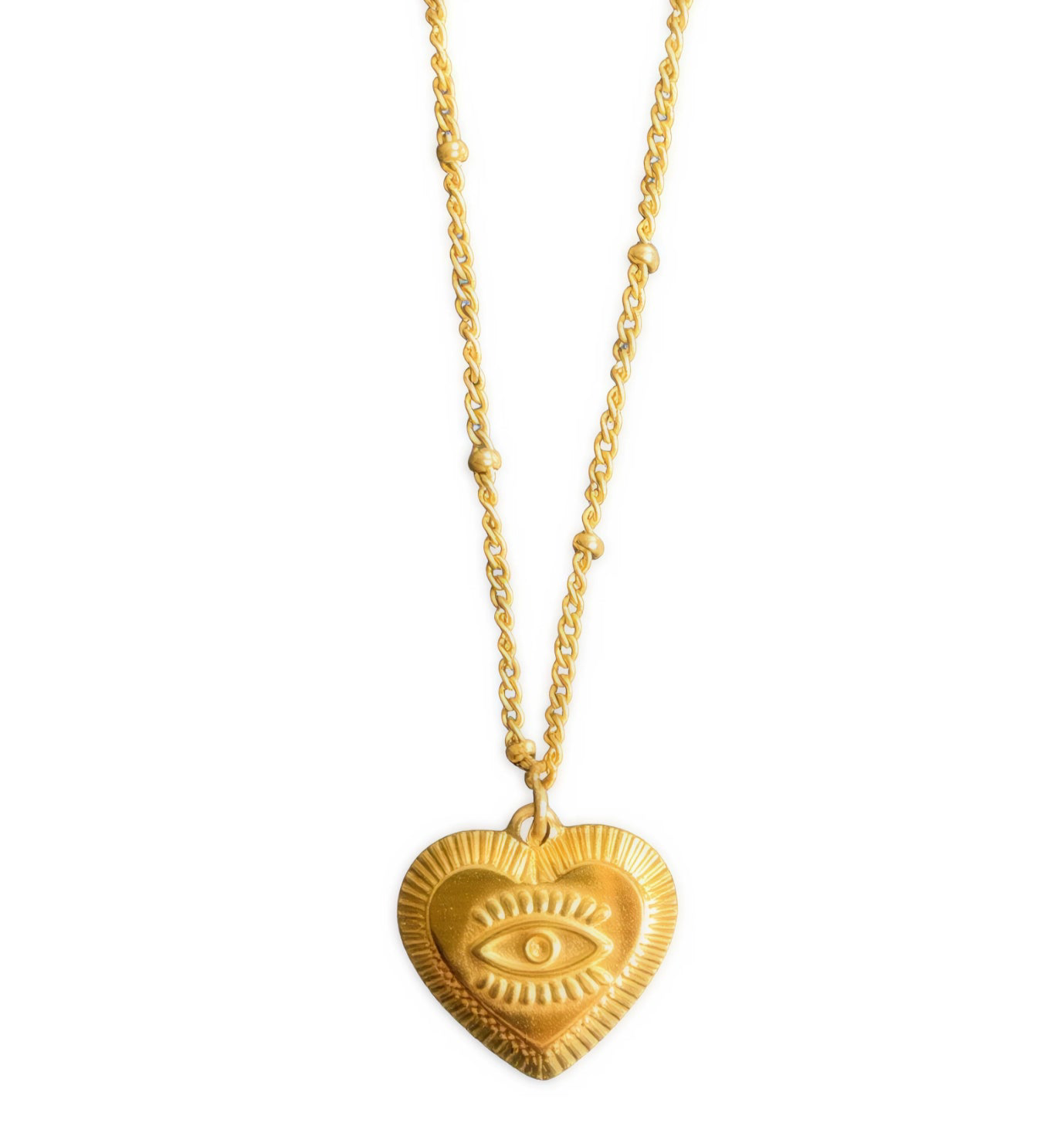 The Heart Sees – 18K Gold Necklace with Embossed Heart & Eye Pendant