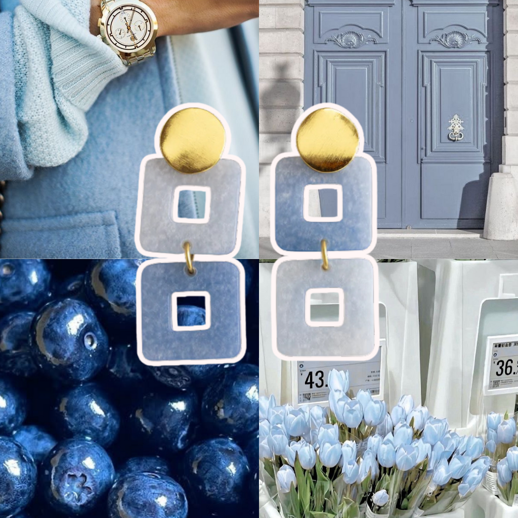 Collage of a watch, Chanel door, blue berries, and light blue flowers.