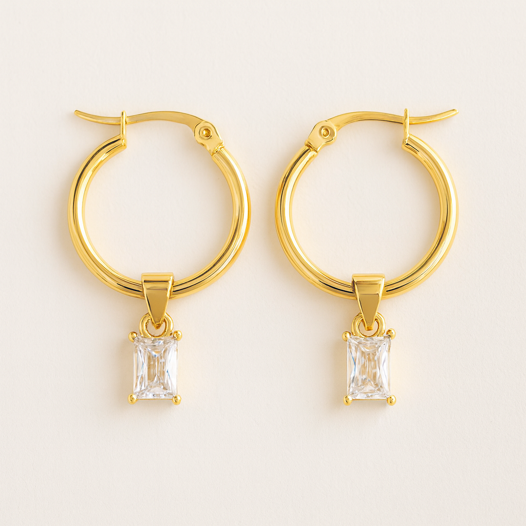 Genova Gold Hoop Earrings with Cubic Zirconia Charm
