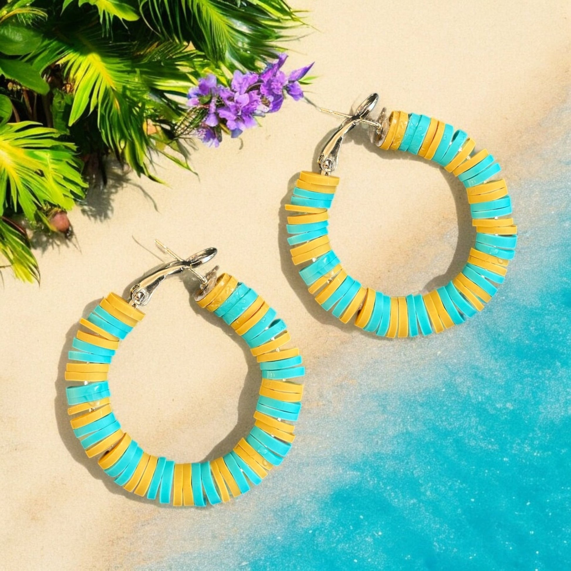 Colourful Pastel Hoops - 22mm Metal Earrings in Turquoise and Sand - lucy andy jewellery