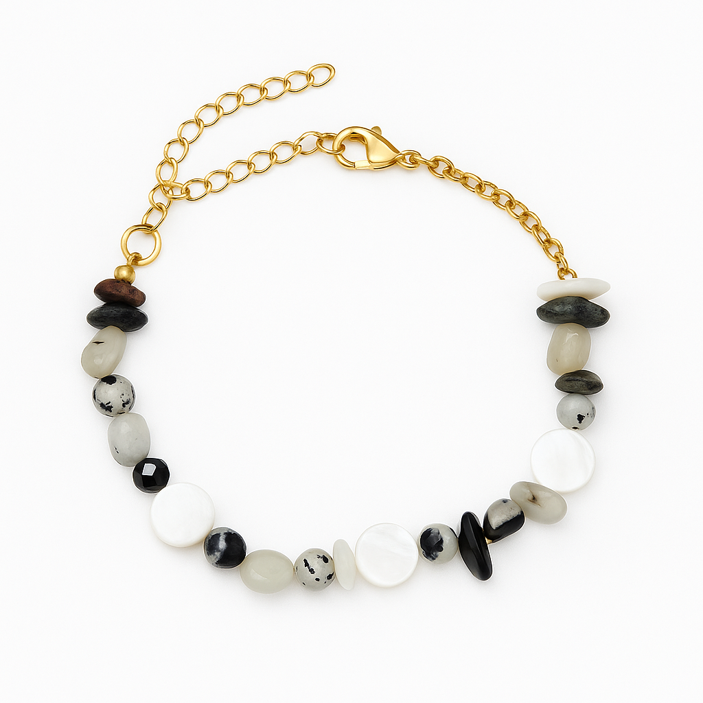 Obsidian & Seashell Harmony Bracelet – 18K Gold Stainless Steel