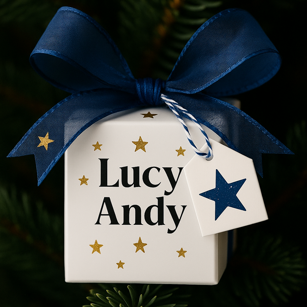 Decorative ornament with 'Lucy Andy' text, blue bow, and star design on a green background