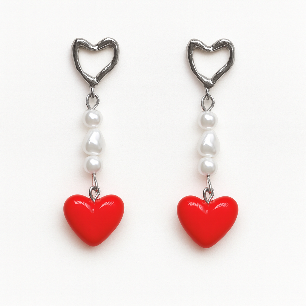Pair of earrings with red heart charms and pearl beads on a white background