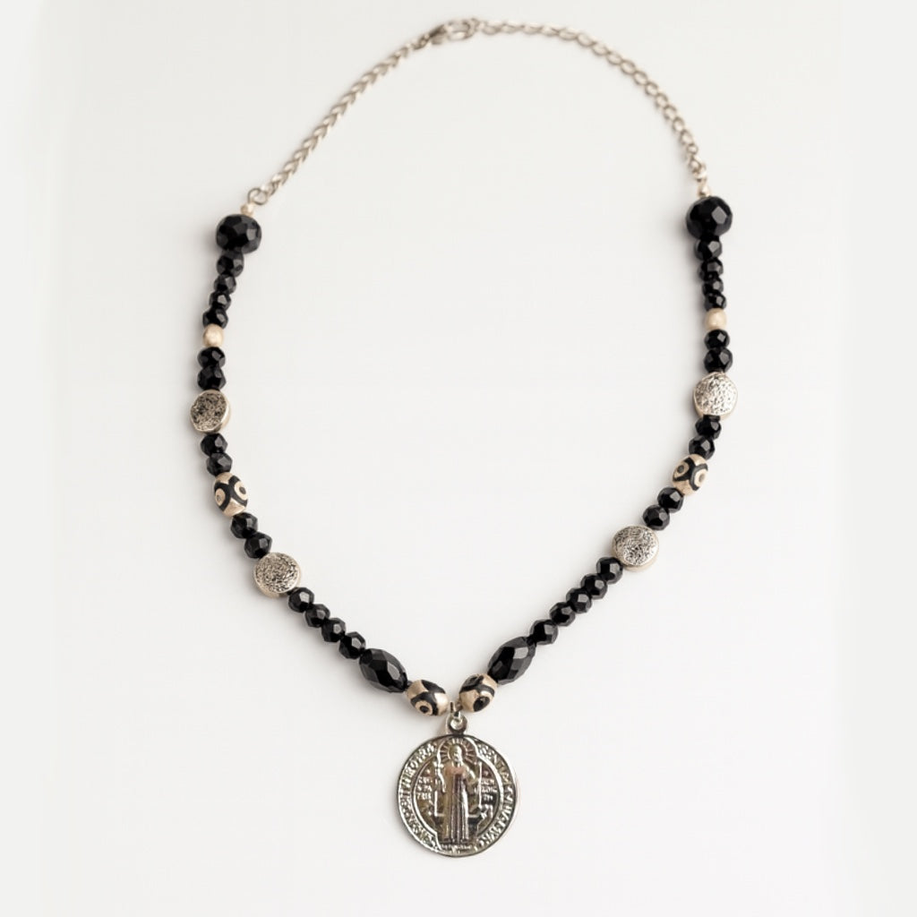 Obsidian & Dzi Beaded Necklace with Roman Coin Pendant