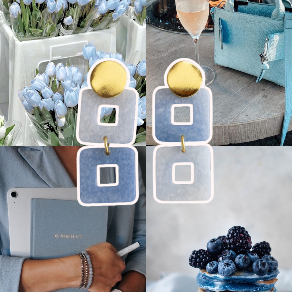 Collage of images including blue flowers, a rooftop scene, earrings, a person holding a book, and a blue cake with berries.