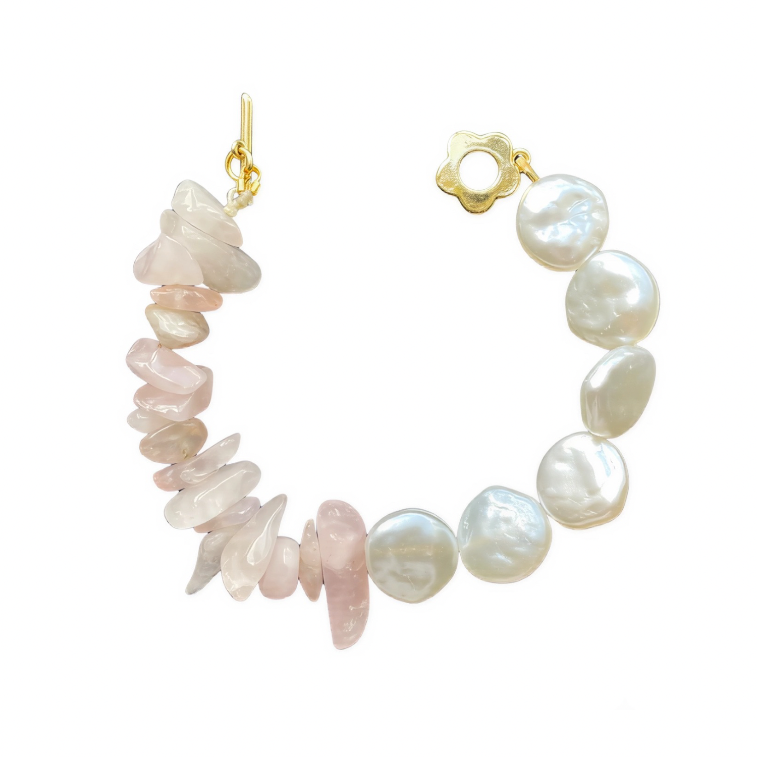 Flor de Luz – Rose Quartz & Pearl-Inspired Bracelet with 18K Gold-Plated Floral Clasp