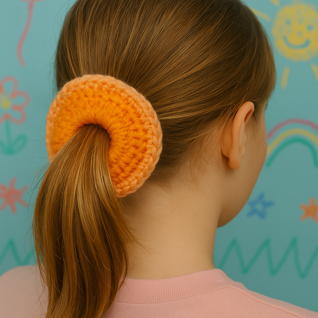 Person with orange hair tie in ponytail against a colorful background