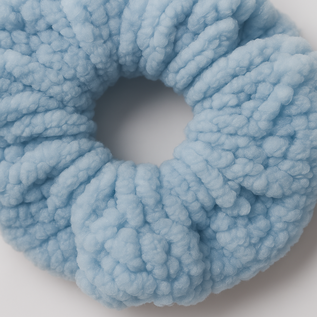Light blue fleece scrunchie on a white background
