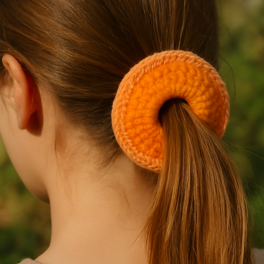 Person with an orange hair tie in a ponytail against a blurred natural background