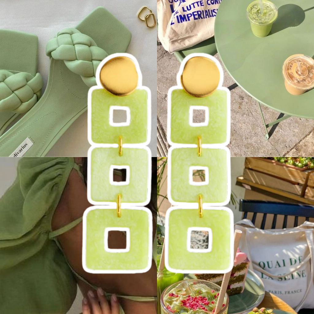 Collage of green-themed products and decor including sunglasses, a bag, and a drink.
