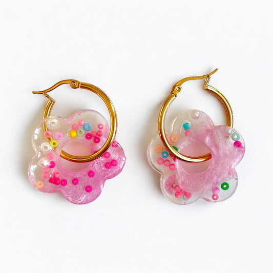 Playful Retro Five - Point Flower Hoops - Pink and Transparent Resin, Gold - Plated Stainless Steel - lucy andy jewellery