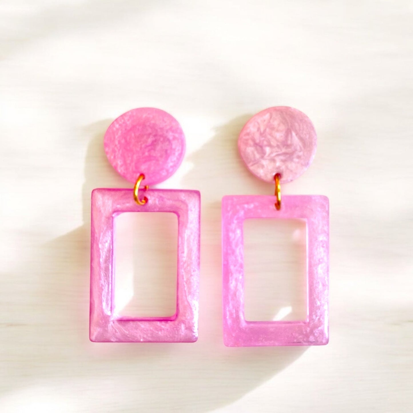 Barbie - Classic Playful Handmade Pearlescent Pink Resin Earrings - Stainless Stee - lucy andy jewellery