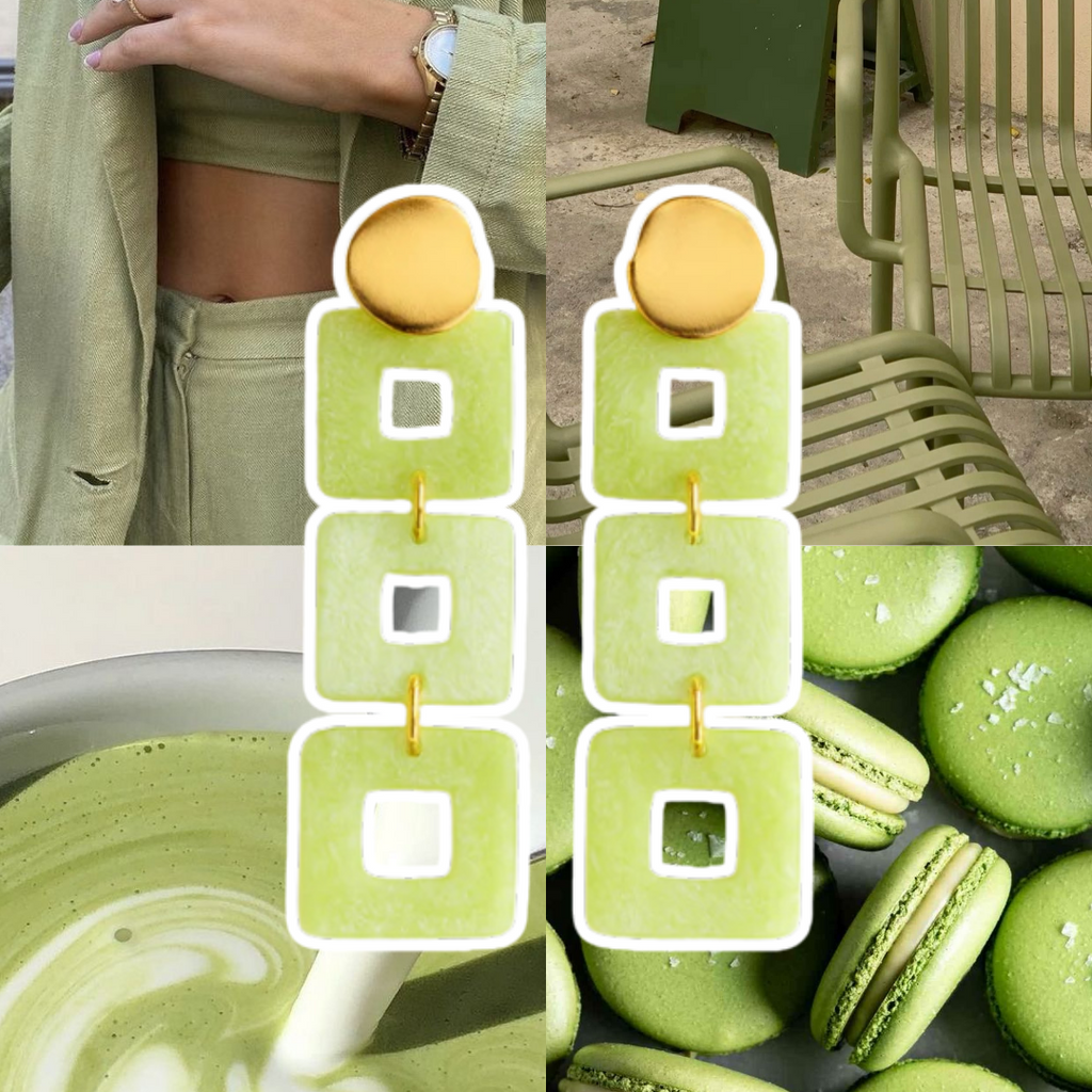Collage of green-themed images including a person in a green outfit, a coffee sign, green macarons, and a green drink.
